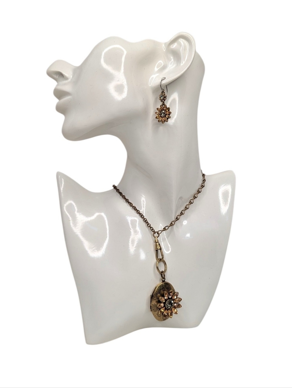 Vintage Fossil Gold Tone Rhinestone Sunflower Locket Necklace & Earrings Set